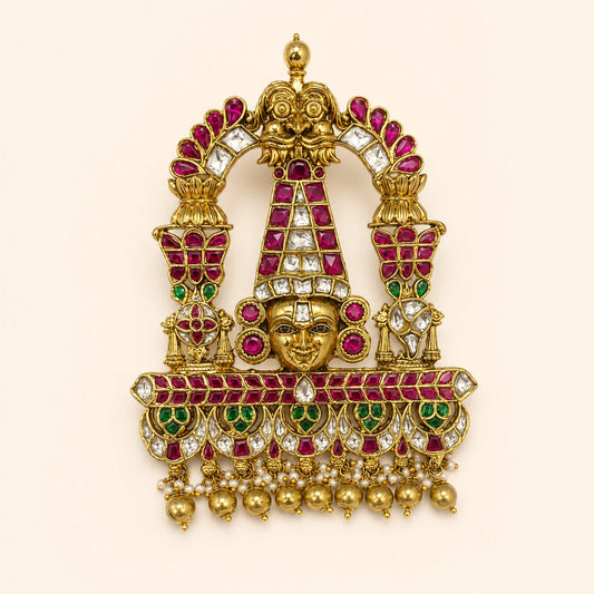 Front view of FeelOri Tirupati Balaji Jadau Kundan temple pendant with ruby, green and white stone details