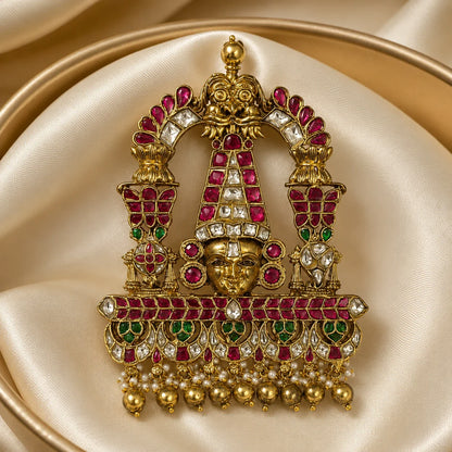 FeelOri Tirupati Balaji Jadau Kundan temple pendant displayed on ivory satin with gold-tone bead fringe