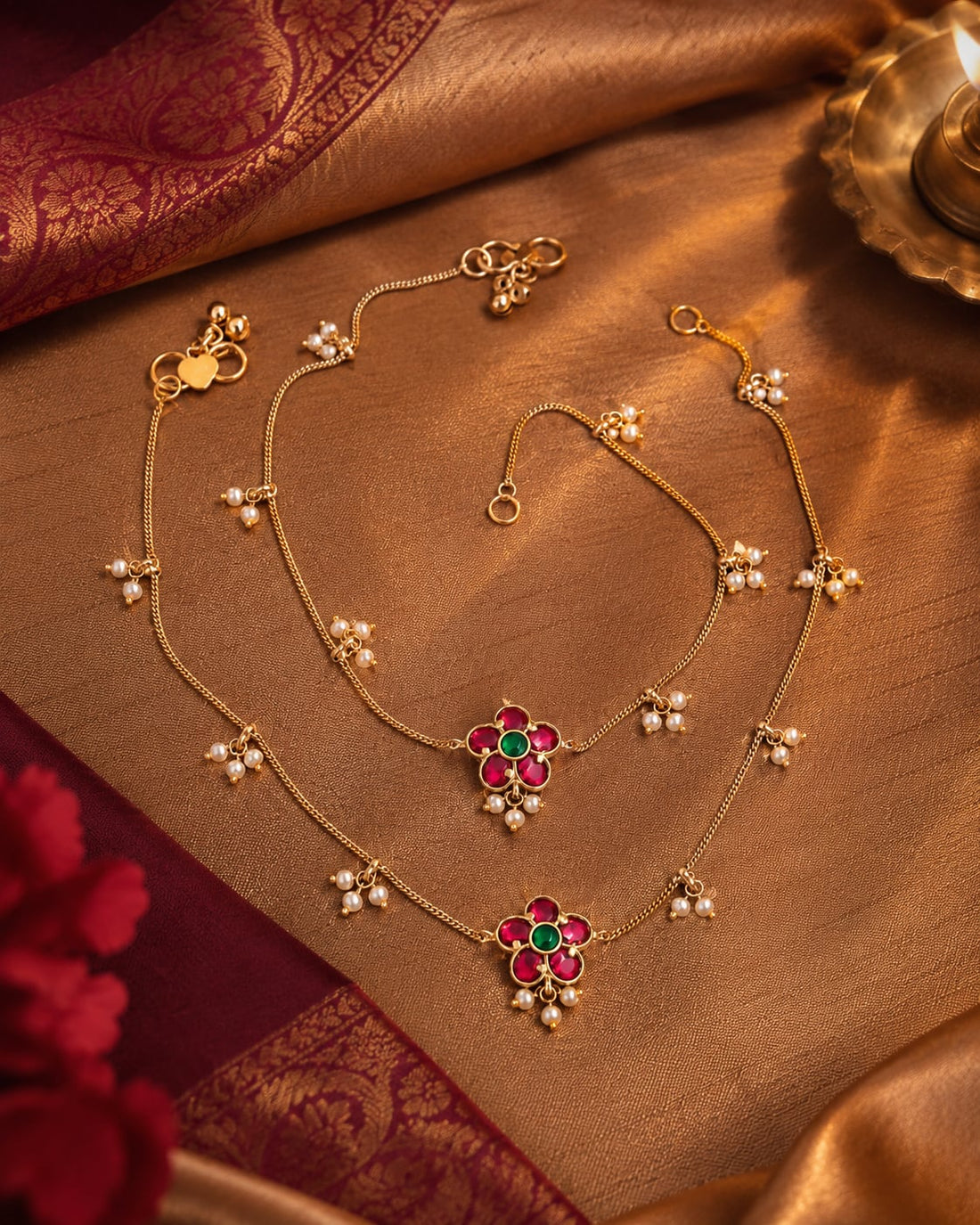 FeelOri traditional floral station jadau kundan payal anklets listed as a pair of anklets styled with saree fabric