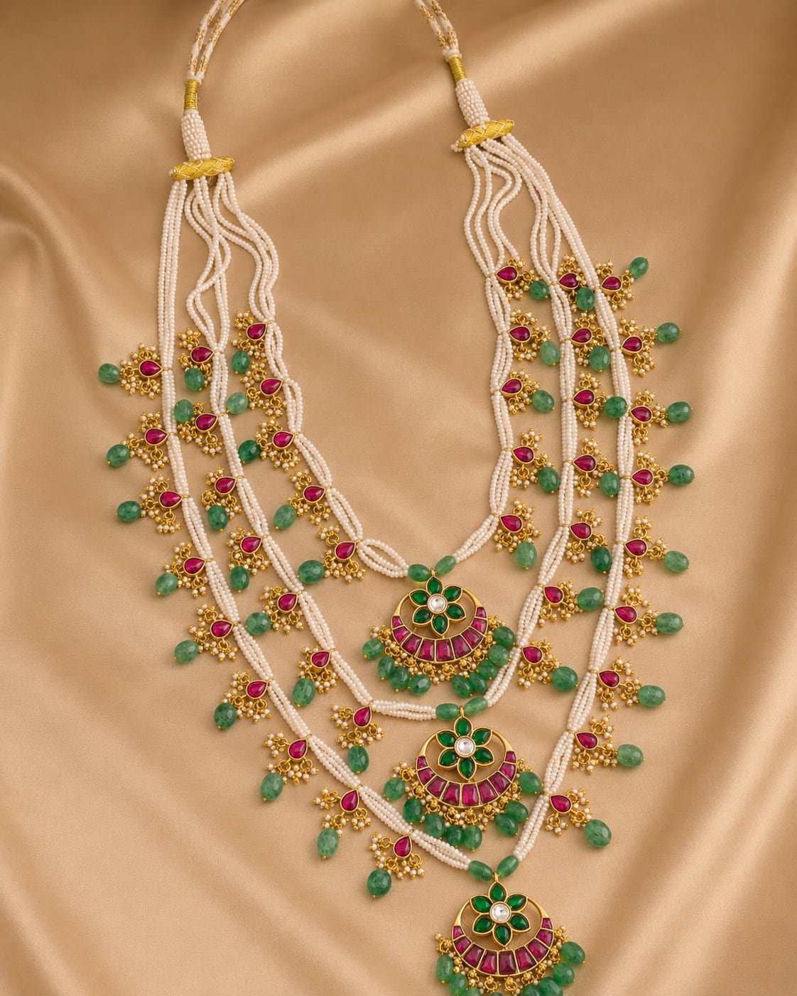FeelOri triple line pearl-look jadau kundan mala necklace for Indian festive necklace styling