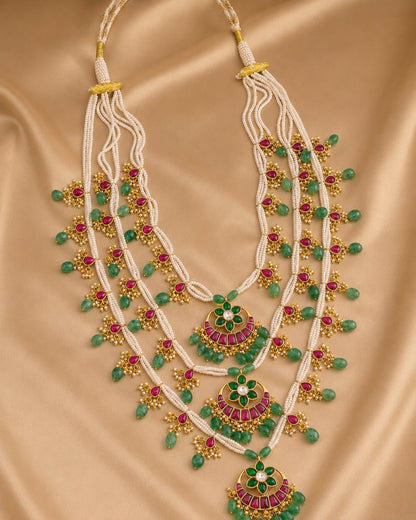 FeelOri triple line pearl-look jadau kundan mala necklace for Indian festive necklace styling