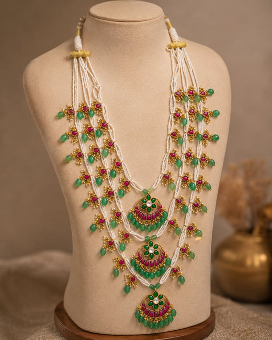 FeelOri triple line pearl-look jadau kundan mala necklace for pattu saree styling