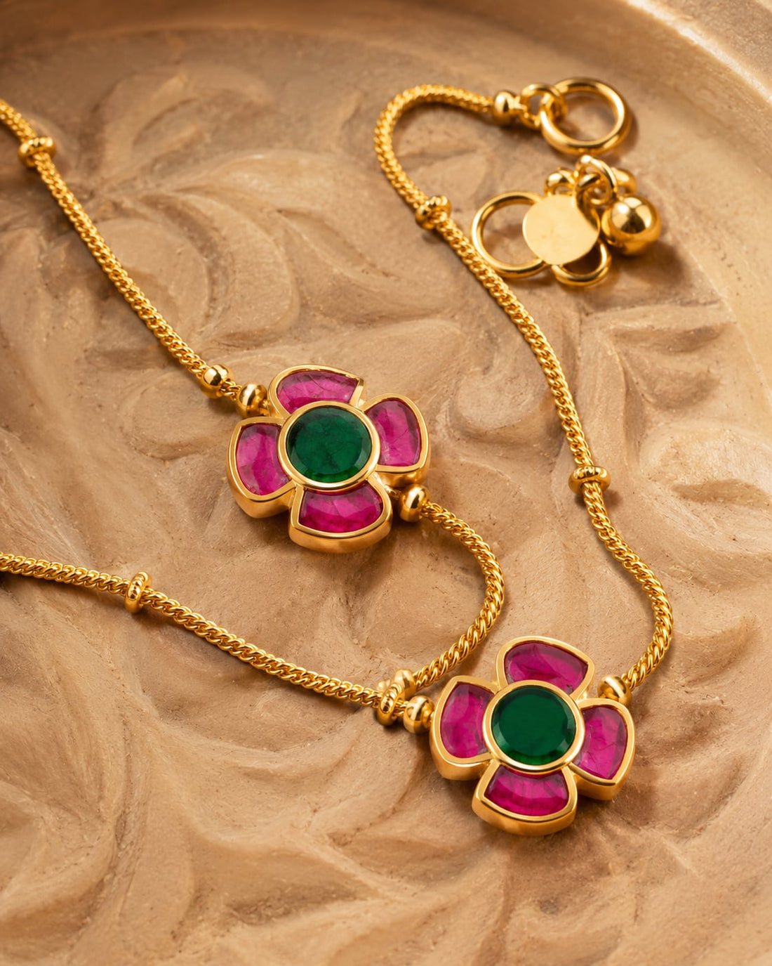 FeelOri twin chain floral jadau kundan payal anklets listed as a pair of anklets styled on foot with Indian occasion wear