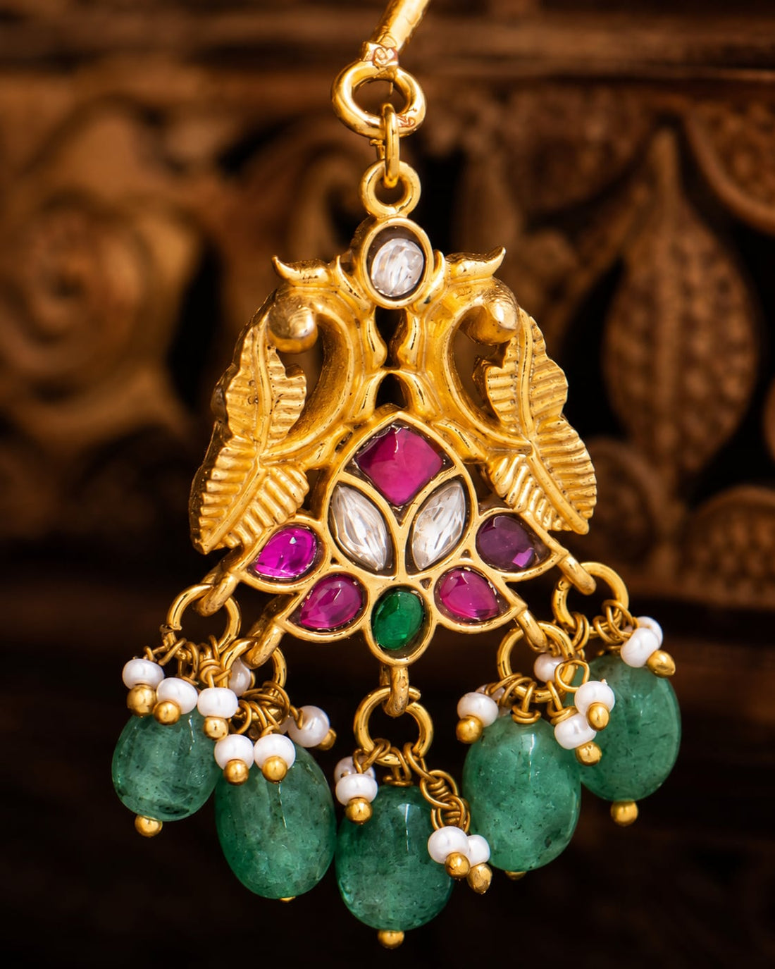 FeelOri twin peacock jadau kundan maang tikka listed as maang tikka only close-up of kundan stones and jadau work