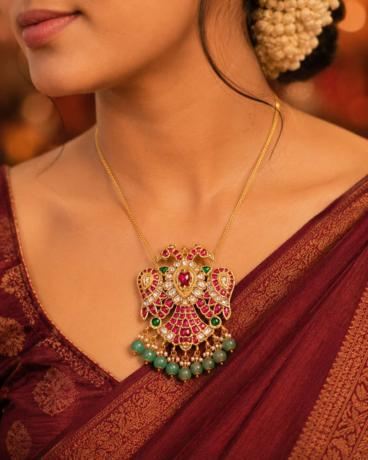 FeelOri jadau kundan Double-Sided Gandaberunda Reversible Pendant - wearing-scale view