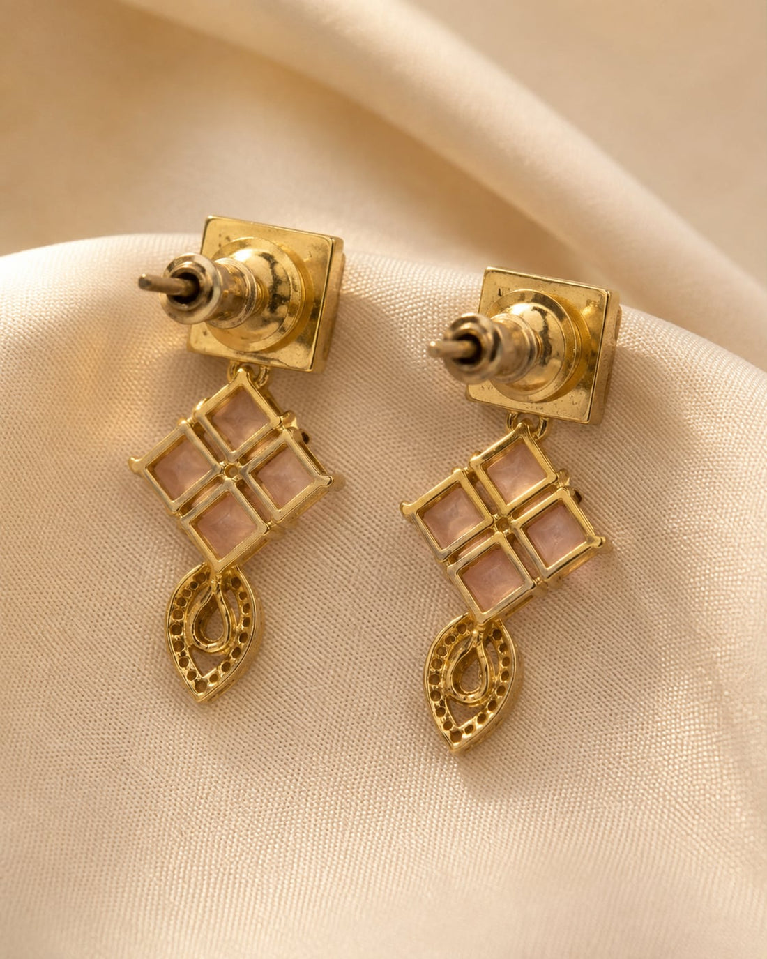 FeelOri white AD/CZ earrings rear view showing openwork reverse, straight posts, and push-back closures