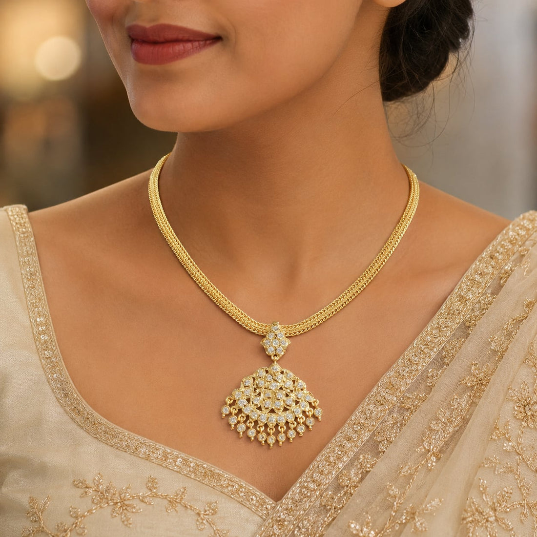 FeelOri white AD/CZ necklace styled with saree fabric for Indian occasion wear