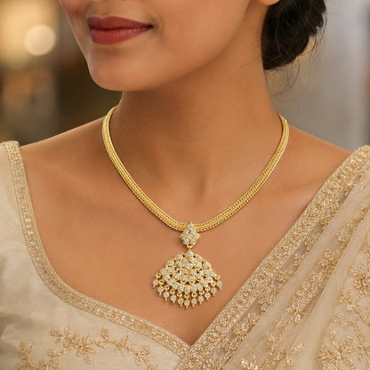 FeelOri white AD/CZ necklace styled with saree fabric for Indian occasion wear