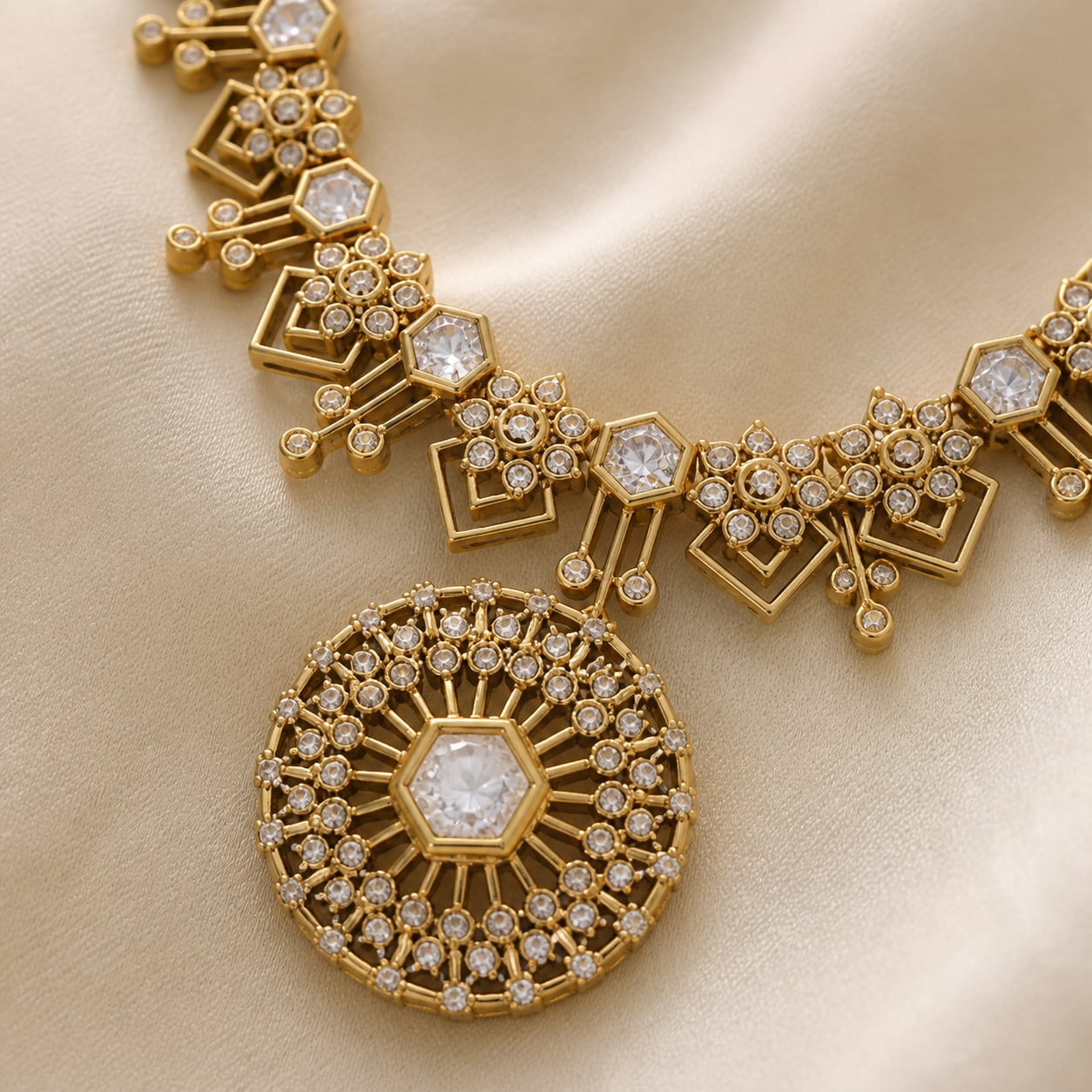 Close view of FeelOri white AD/CZ necklace pendant and gold-polished detail