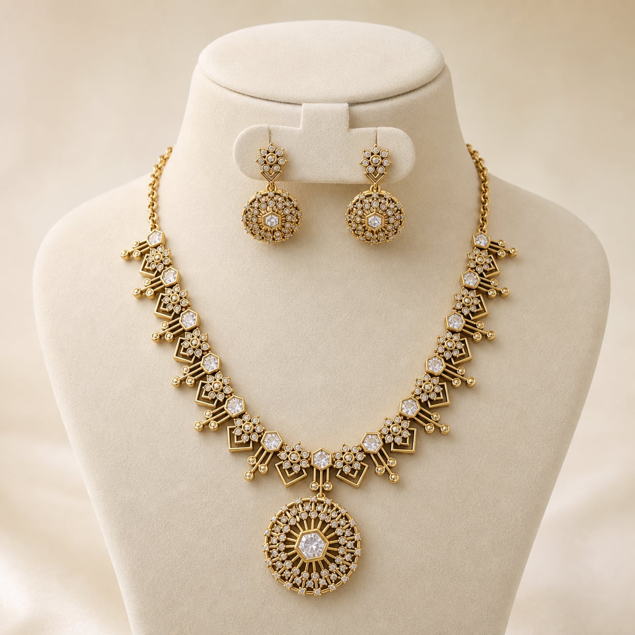FeelOri white AD/CZ necklace set on jewellery display