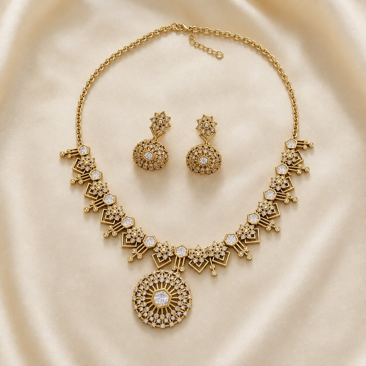 FeelOri white AD/CZ necklace set with matching earrings for sarees and festive styling